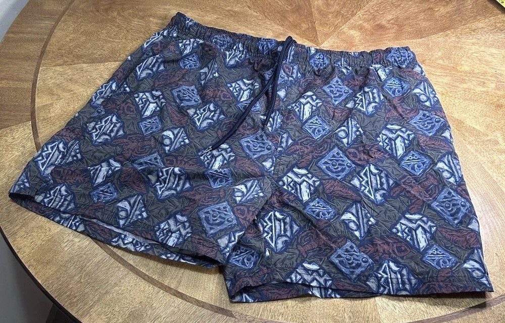 C&B Sport Swim Trunks Shorts XL Blue Tribal Print Mesh Nylon Drawstring Vintage